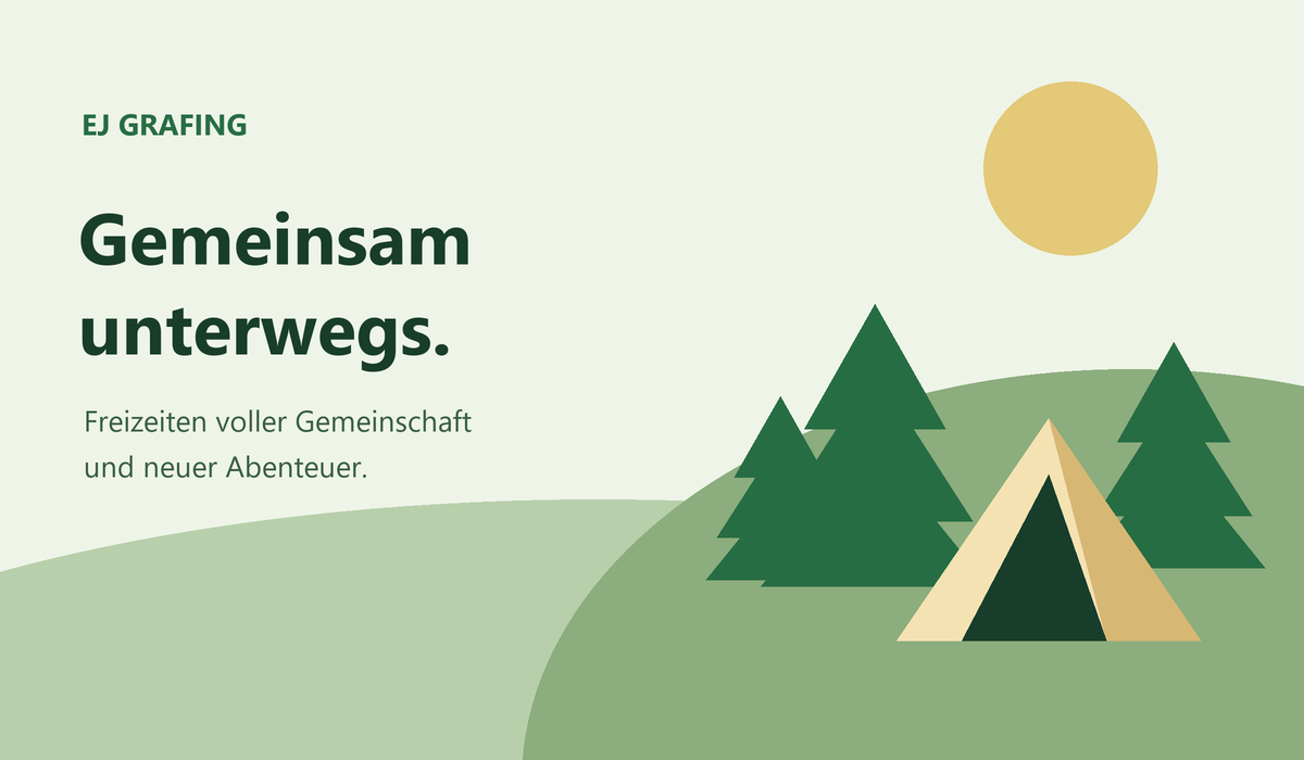 EJ Grafing – Gemeinsam unterwegs: Freizeitgrafik mit Wald, Sonne und Zelt